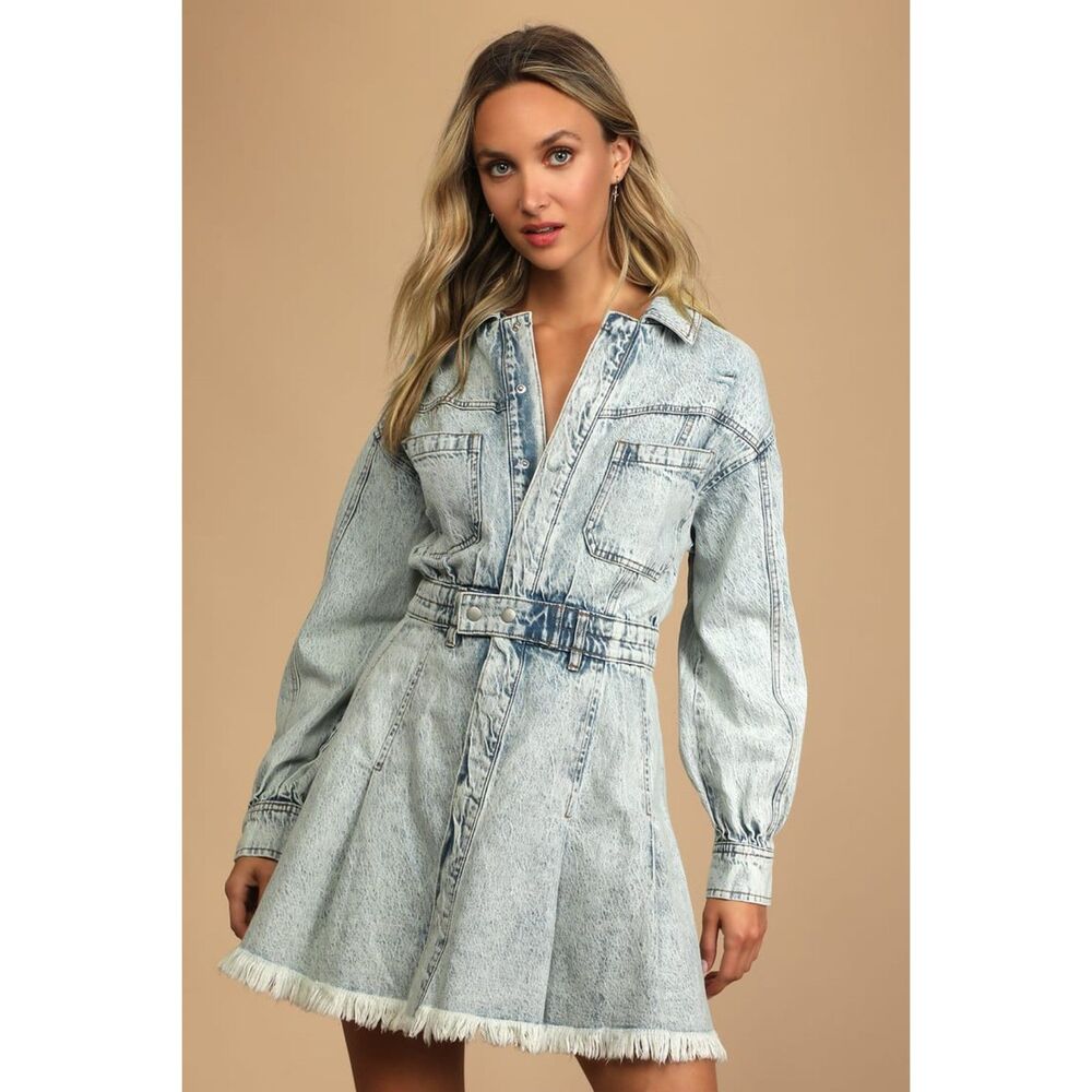 Free People Chain of Command Acid Wash Denim Long Sleeve Mini Dress Sz Small